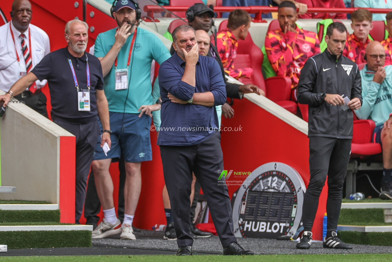 Ange Postecoglou head coach of Tottenham Hotspur reacts after referee Robert James gives a penalty to Brentford during the Premier League match Brentford vs Tottenham Hotspur at Brentford Community Stadium, London, United Kingdom, 13th August 2023

(Photo by Mark Cosgrove/News Images)