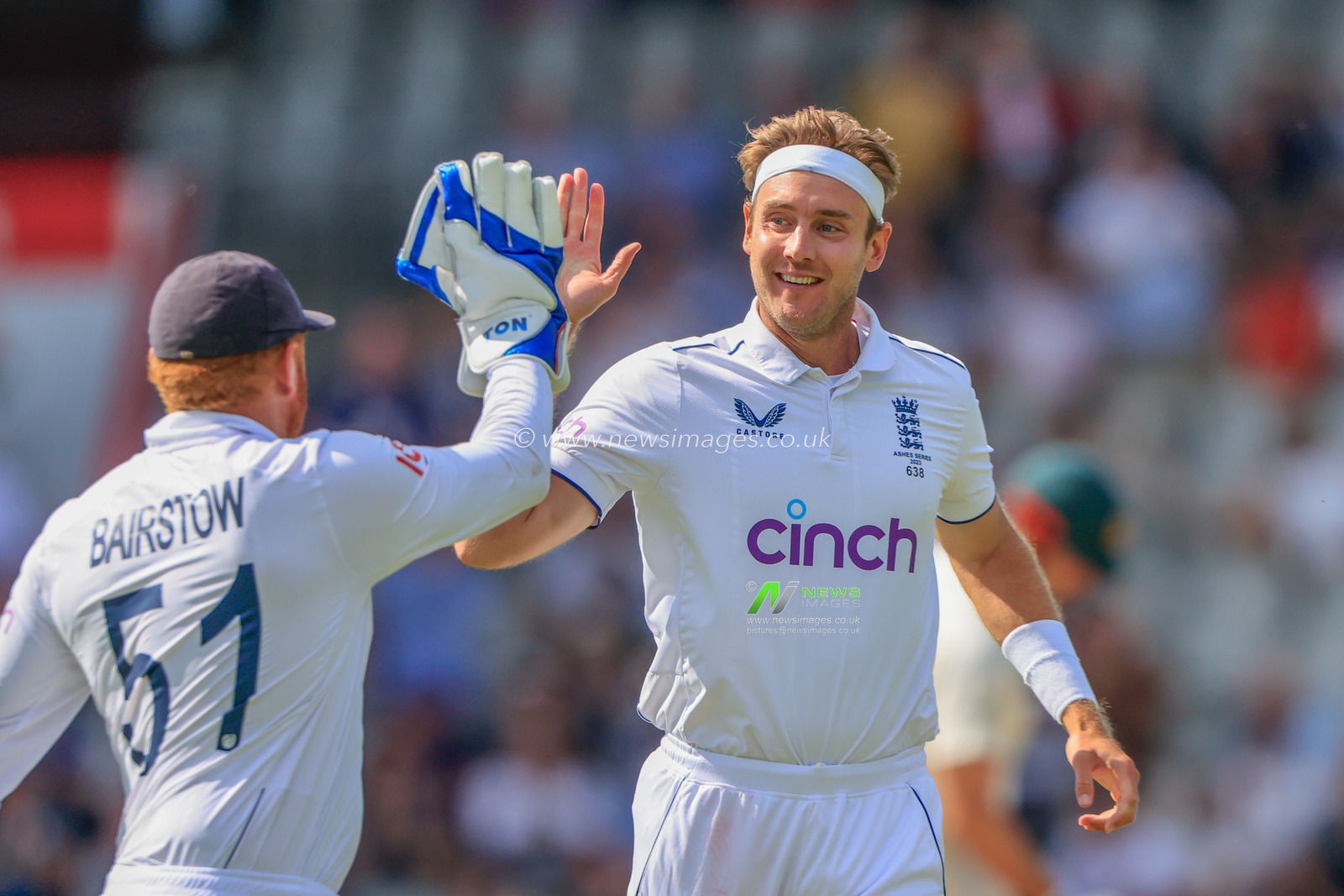 Stuart Broad of England celebrates the wicket of Travis Head of Australia during the LV= Insurance Ashes Fourth Test Series Day One England vs Australia at Old Trafford, Manchester, United Kingdom, 19th July 2023

(Photo by Conor Molloy/News Images)