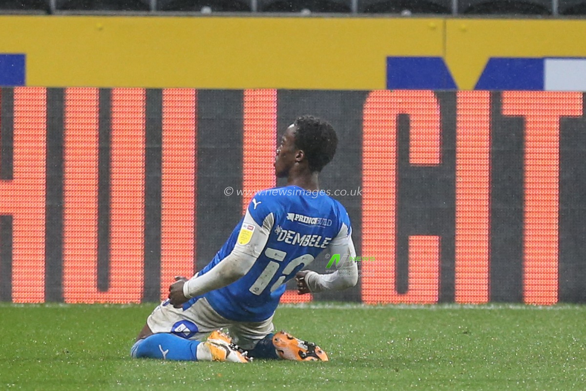 CELEBRATION Siriki Dembele (10) of Peterborough United celebrates his goal to make it 2-1