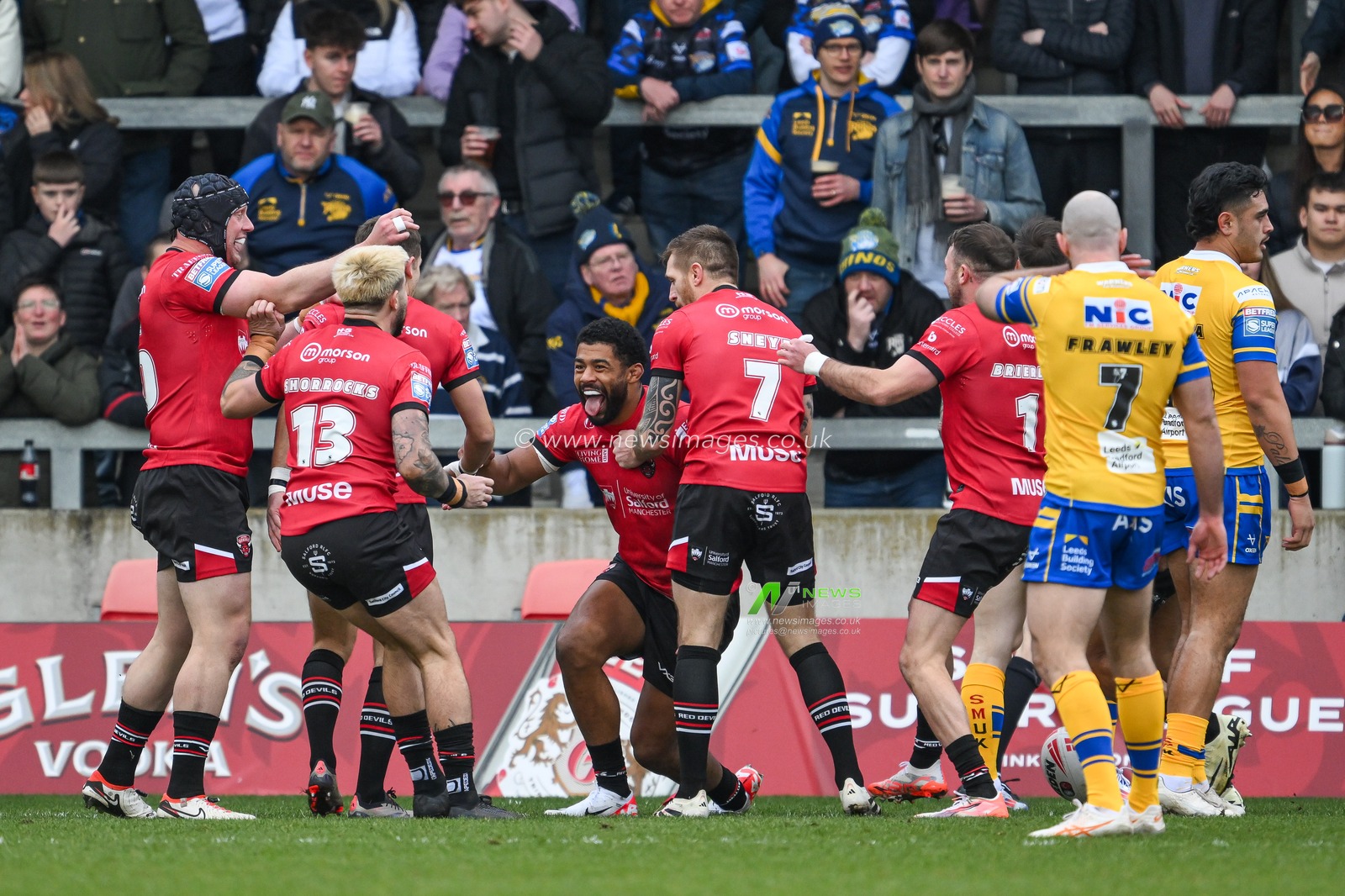 Kallum Watkins of Salford Red Devils celebrates his try during the Betfred Super League match Round 2 Salford Red Devils vs Leeds Rhinos at Salford Community Stadium, Eccles, United Kingdom, 22nd February 2025

(Photo by Craig Thomas/News Images)