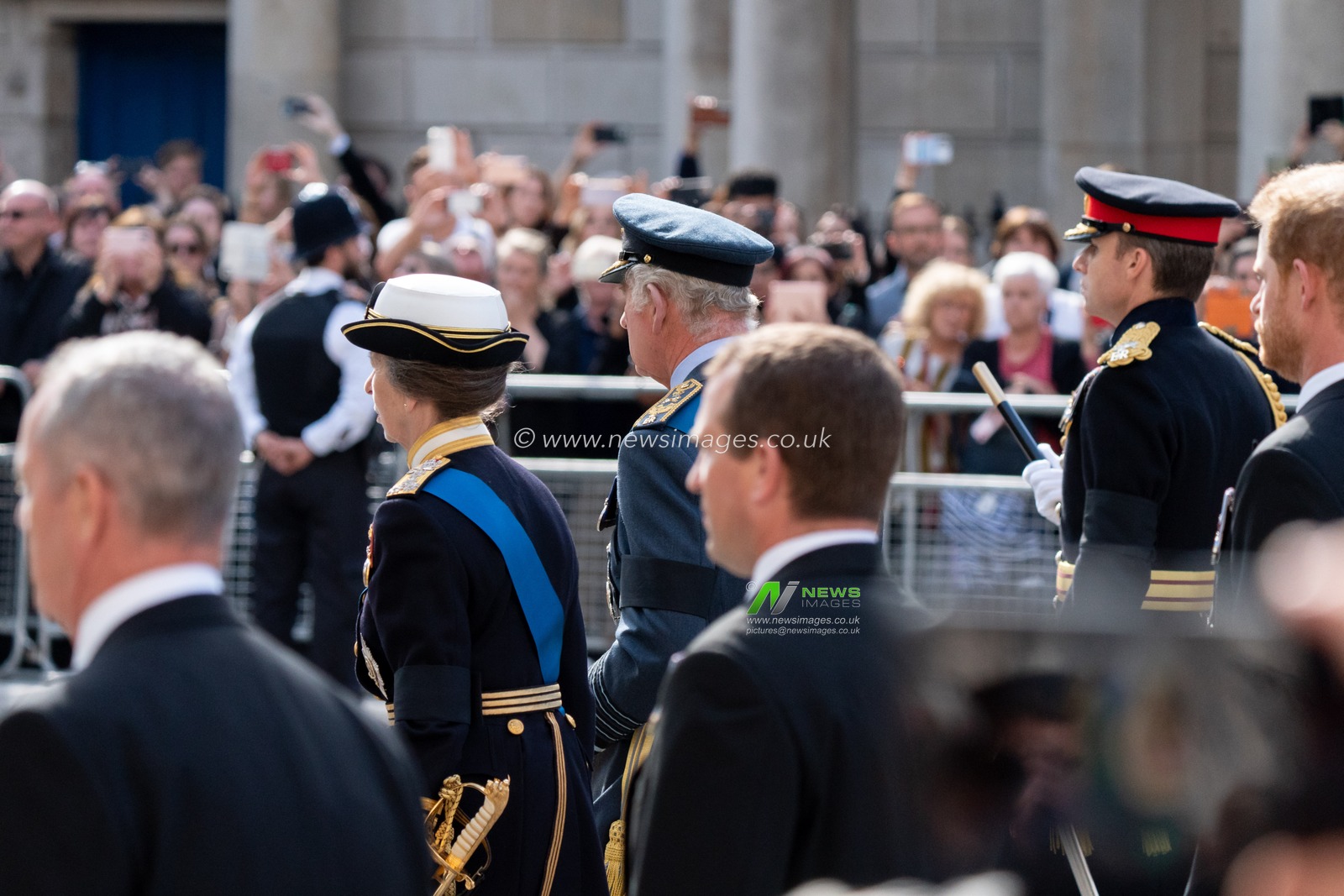 Queen Elizabeth II's coffin is taken in procession on a Gun Carriage of The King's Troop Royal Horse Artillery followed by King Charles III and immediate Royal family at Whitehall, London, United Kingdom, 14th September 2022

(Photo by Richard Washbrooke/News Images)