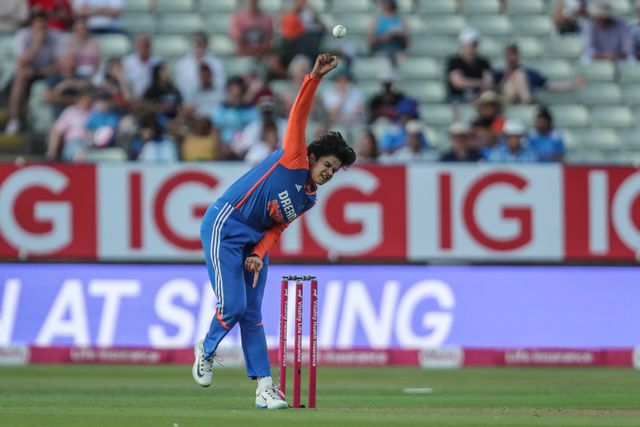 Arundhati Reddy of India delivers the ball during the 5th Vitality IT20 England Women vs India Women at Edgbaston, Birmingham, United Kingdom, 12th July 2025

(Photo by Izzy Poles/News Images)