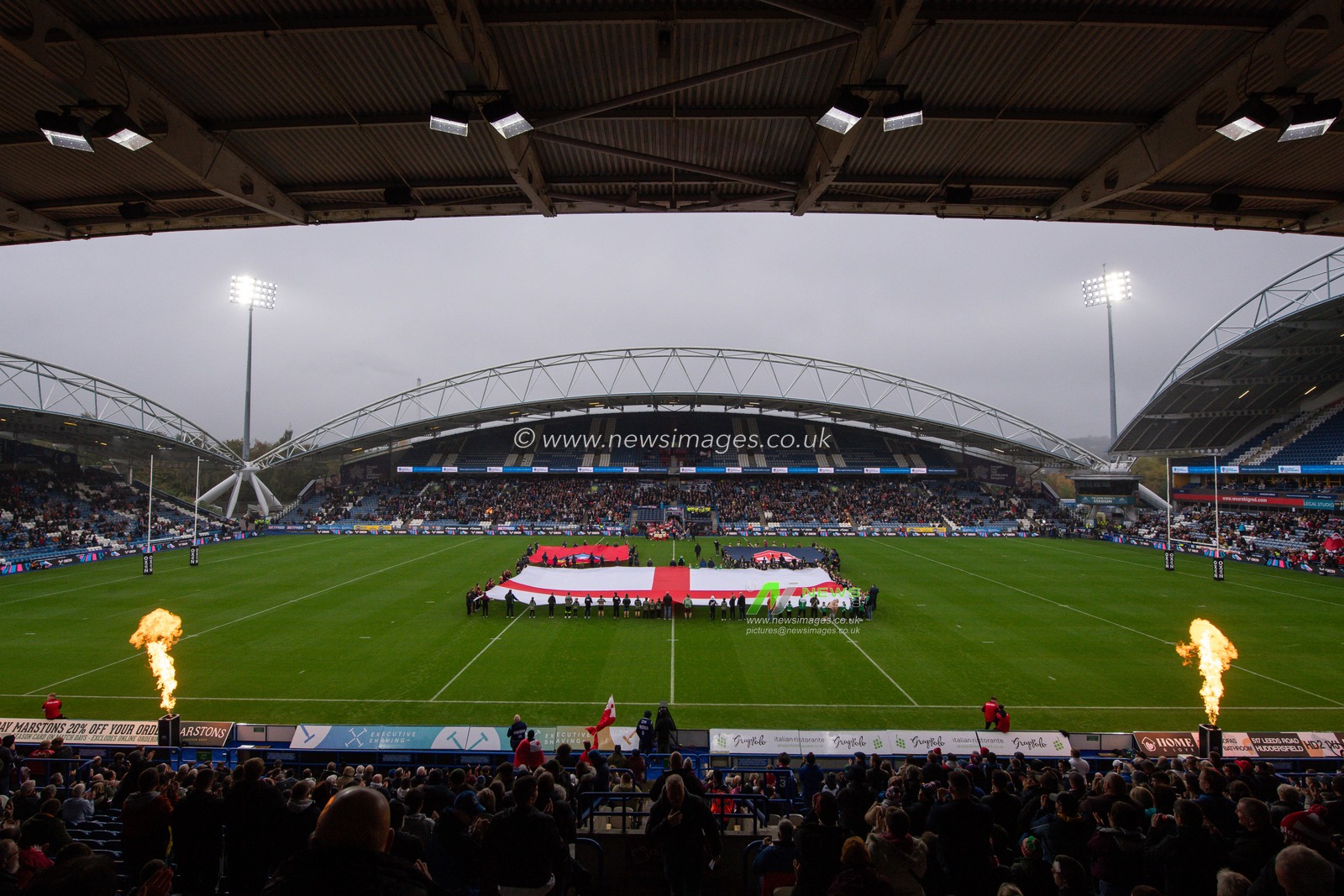 General view of John Smith's Stadium, venue for todayâ€™s game during the National Anthems ahead of Rugby League International match England vs Tonga at John Smith's Stadium, Huddersfield, United Kingdom, 28th October 2023

(Photo by Craig Thomas/News Images)