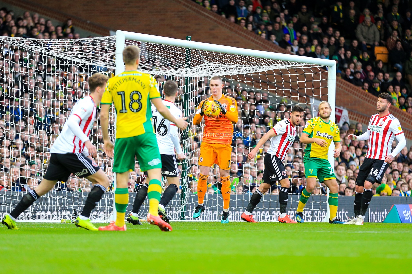 26th January 2019, Carrow Road, Norfolk, England; Sky Bet Championship, Norwich City vs Sheffield United ;  Dean Henderson (01) of Sheffield United makes a save during the first half.

Credit: Georgie Kerr/News Images

English Football League images are subject to DataCo Licence