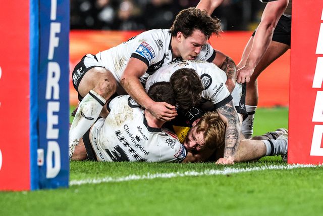 Jack Martin of York Knights is tackled before the try line by Davy Litten of Hull FC during the Betfred Super League match Hull FC vs York Knights at MKM Stadium, Hull, United Kingdom on 27 February 2026

(Photo by Alfie Cosgrove/News Images)