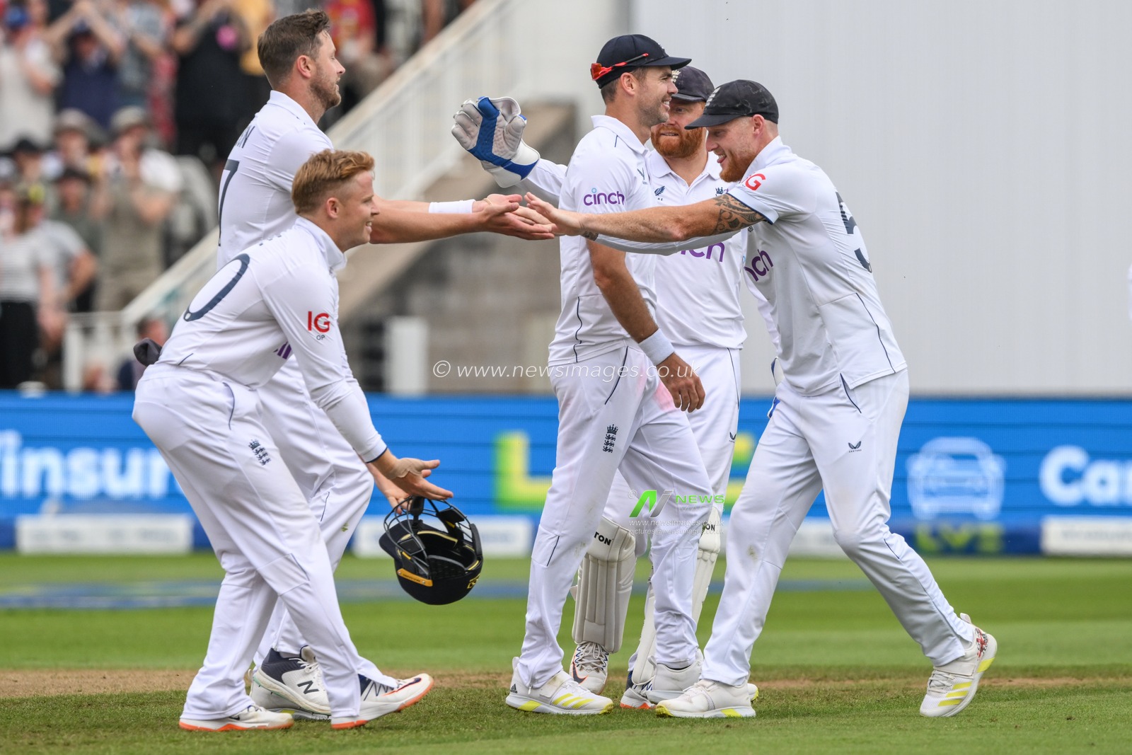Ben Stokes of England celebrates with Ollie Robinson of England  the wicket of Nathan Lyon of Australia during the LV= Insurance Ashes First Test Series Day 3 England v Australia at Edgbaston, Birmingham, United Kingdom, 18th June 2023

(Photo by Craig Thomas/News Images)