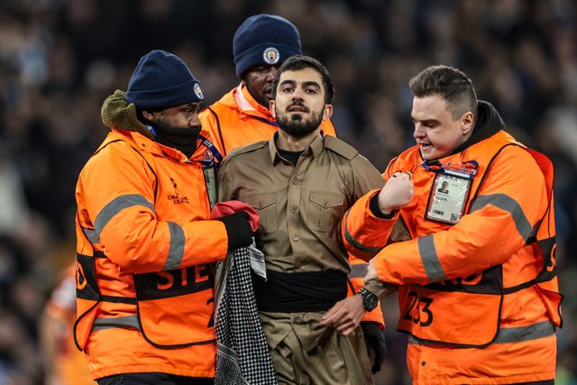 Protesters breach the field during the UEFA Champions League Matchday 8 of 8 match Manchester City vs Galatasaray at City of Manchester Stadium, Manchester, United Kingdom on 28 January 2026

(Photo by Mark Cosgrove/News Images)