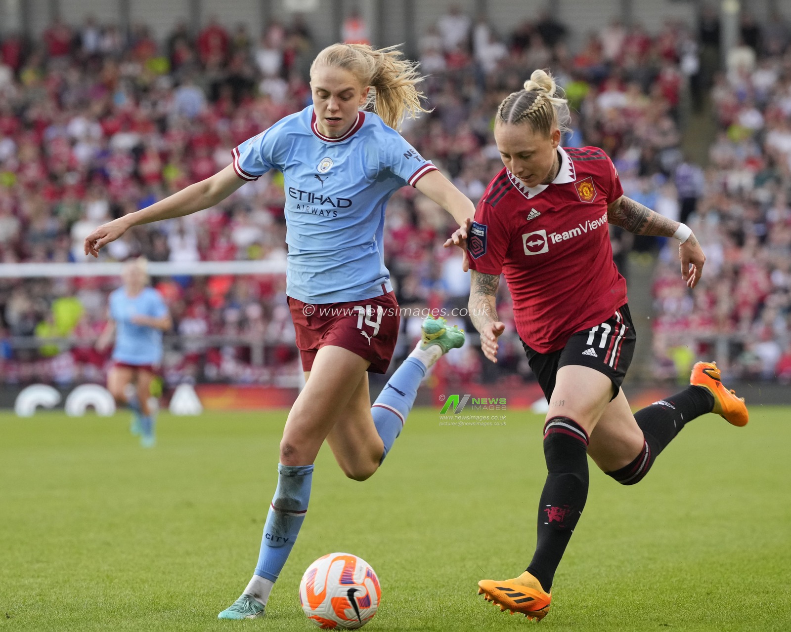 Esme Morgan #14 of Manchester City competes for the ball with Leah Galton #11 of Manchester United during the The FA Women's Super League match Manchester United Women vs Manchester City Women at Leigh Sports Village, Leigh, United Kingdom, 21st May 2023

(Photo by Steve Flynn/News Images)