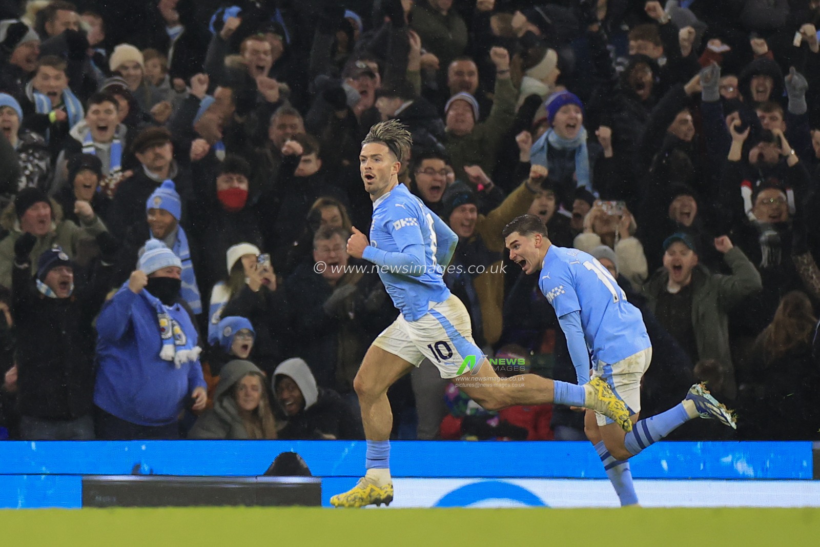 Jack Grealish #10 of Manchester City celebrates scoring to make it 3-2 during the Premier League match Manchester City vs Tottenham Hotspur at Etihad Stadium, Manchester, United Kingdom, 3rd December 2023

(Photo by Conor Molloy/News Images)