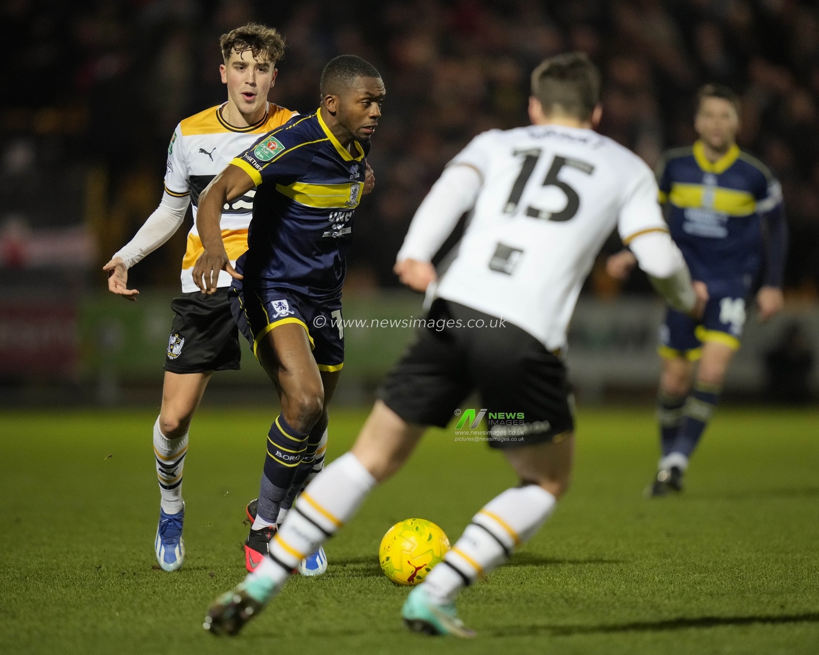 Anfernee Dijksteel #15 of Middlesbrough runs at the Port Vale  defence during the Carabao Cup Quarter Final match Port Vale vs Middlesbrough at Vale Park, Burslem, United Kingdom, 19th December 2023

(Photo by Steve Flynn/News Images)