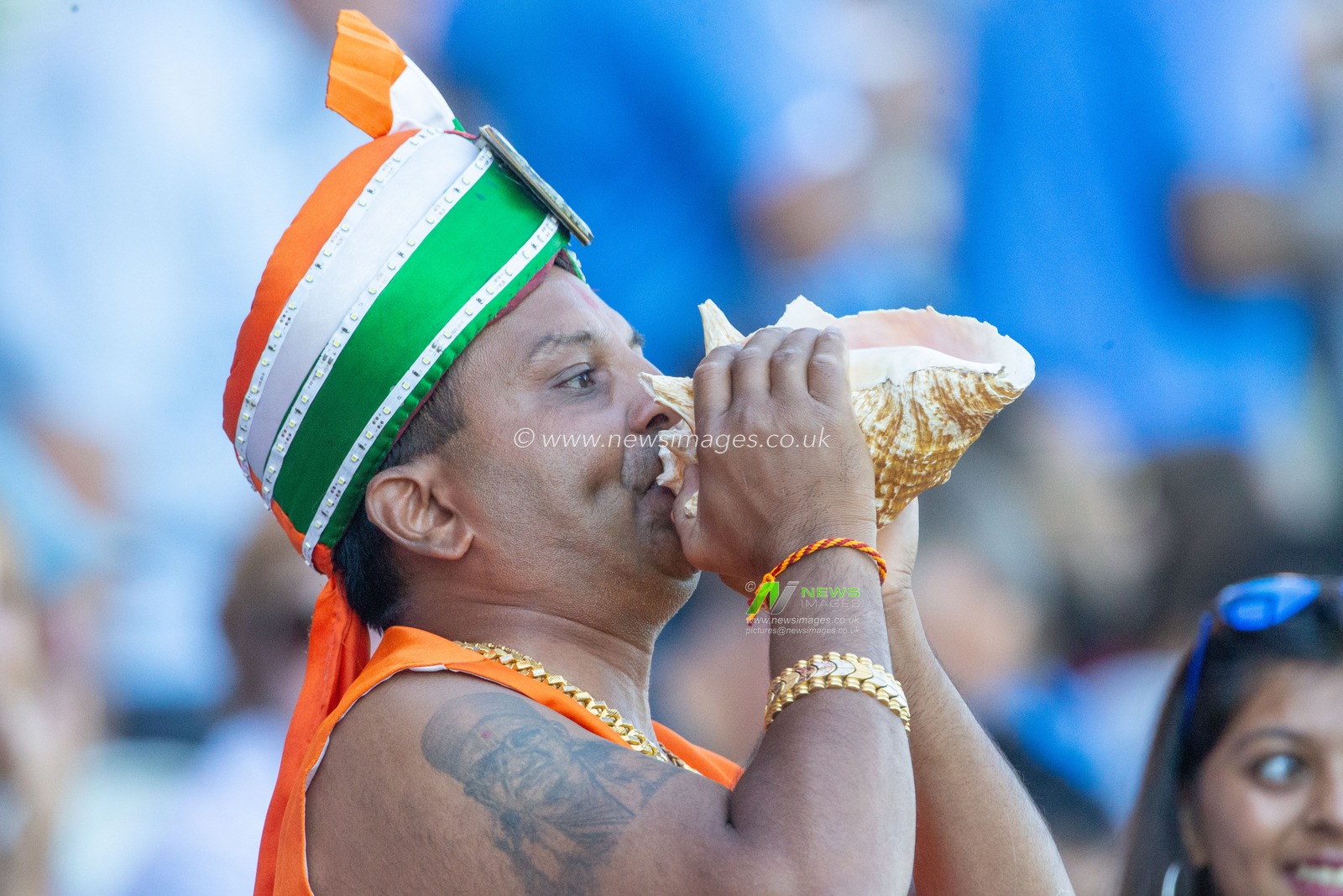3rd of July 2018 , Emirates Old Trafford, Manchester, England, 1st IT20, Vitality IT20 Series, England v India;  A India fan blows on a shell horn to cheer on India