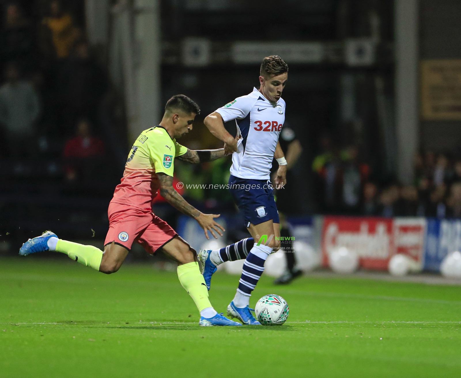 24th September 2019 , Deepdale, Preston, England; EFL Carabao Cup Football, Third Round Preston North End vs Manchester City ;  Josh Harrop (10) of Preston North End is challenged by Joao Cancelo (27) of Manchester City

Credit: Conor Molloy/News Images


English Football League images are subject to DataCo Licence