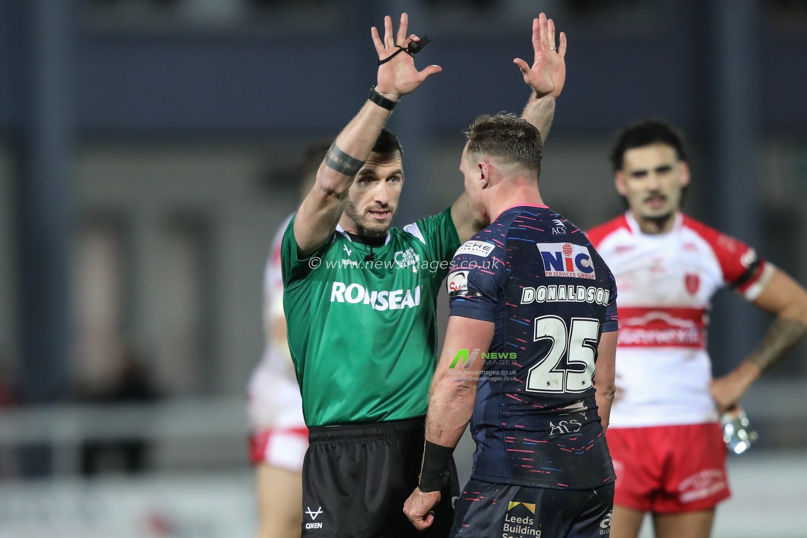 Referee Jack Smith speaks to James Donaldson of Leeds Rhinos during the Betfred Super League Round 2 match Hull KR vs Leeds Rhinos at Sewell Group Craven Park, Kingston upon Hull, United Kingdom, 22nd February 2024

(Photo by Alfie Cosgrove/News Images)