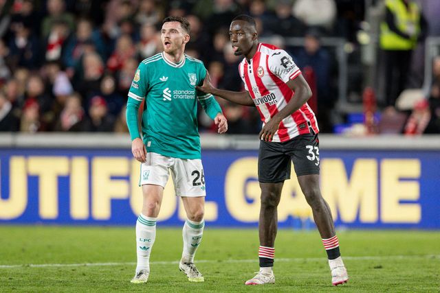 Michael Kayode of Brentford holds off Andy Robertson of Liverpool during the Premier League match Brentford vs Liverpool at The Gtech Community Stadium, London, United Kingdom, 25th October 2025

(Photo by Ian Stephen/News Images)