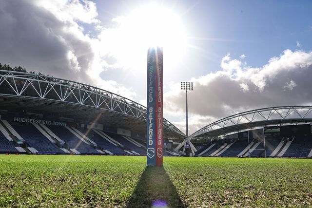 The sun shines over the BetFred try line post during the Betfred Super League Round 2 match Huddersfield Giants vs Wakefield Trinity at Accu Stadium, Huddersfield, United Kingdom on 22 February 2026

(Photo by Mark Cosgrove/News Images)