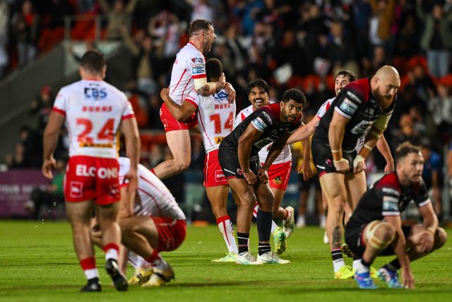 Moses Mbye of St. Helens celebrates his drop goal in extra time to win Betfred Super League Round 21 match St Helens vs Salford Red Devils at Totally Wicked Stadium, St Helens, United Kingdom, 8th August 2024

(Photo by Craig Thomas/News Images)