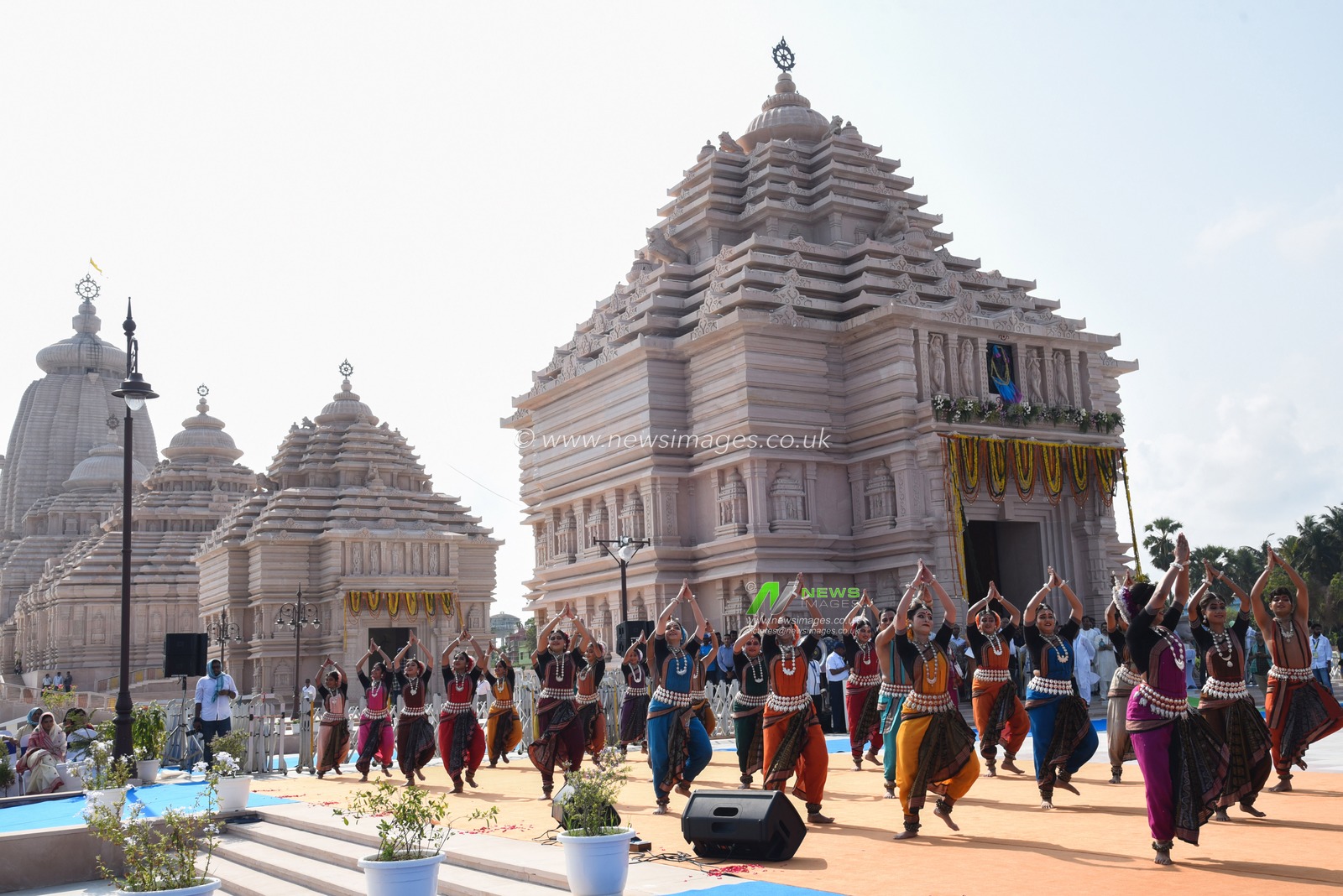 Odissi Dancers performing in front of temple odissi dance during West Bengal Chief Minister Mamata Banerjee Wednesday inaugurated the magnificent Jagannath Dham temple in the tourist town of Digha, Constructed in the traditional Kalinga architectural style, the grand structure, developed by the state government at a cost of Rs 250 crore, is expected to emerge as a major centre for pilgrimage and tourism in the region in Digha.West Bengal,India on April 30,2025.Photo by Debajyoti Chakraborty.(Photo: Debajyoti Chakraborty/News Images)