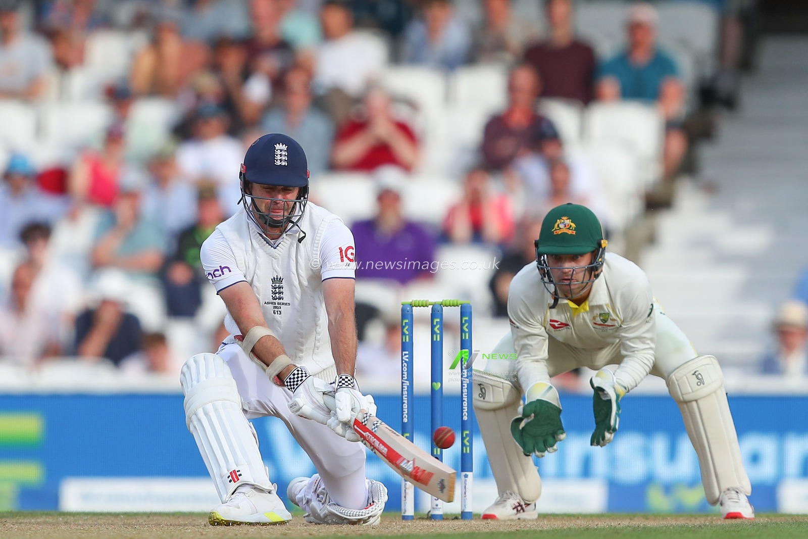 James Anderson of England hits a four (4) during the LV= Insurance Ashes Fifth Test Series Day Three match England vs Australia at The Kia Oval, London, United Kingdom, 29th July 2023

(Photo by Gareth Evans/News Images)