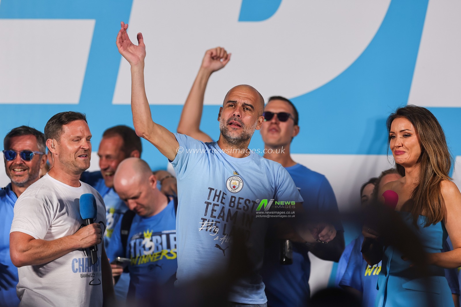 Pep Guardiola manager of Manchester City on stage during Manchester City's Treble victory parade at St Peterâ€™s Square, Manchester, United Kingdom, 12th June 2023

(Photo by Mark Cosgrove/News Images)