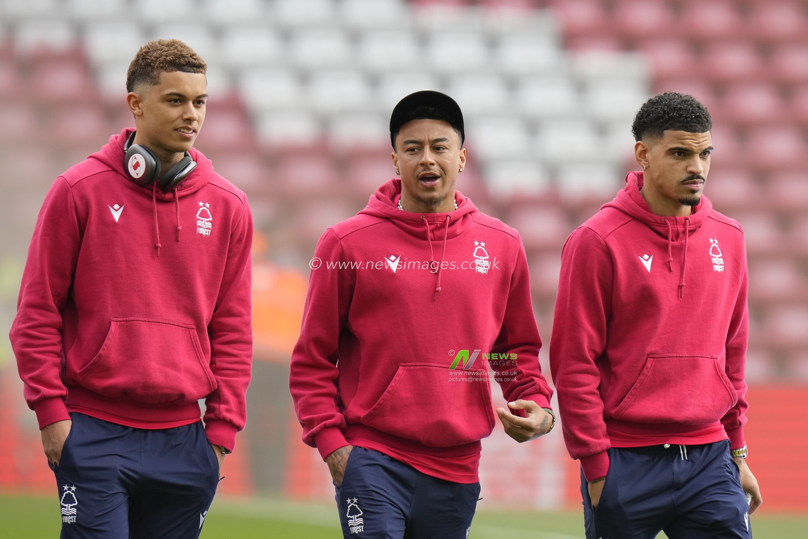 Brennan Johnson #20, Jesse Lingard #11 and Morgan Gibbs-White #10 of Nottingham Forest inspect the pitch before during the Premier League match Liverpool vs Nottingham Forest at Anfield, Liverpool, United Kingdom, 22nd April 2023

(Photo by Steve Flynn/News Images)