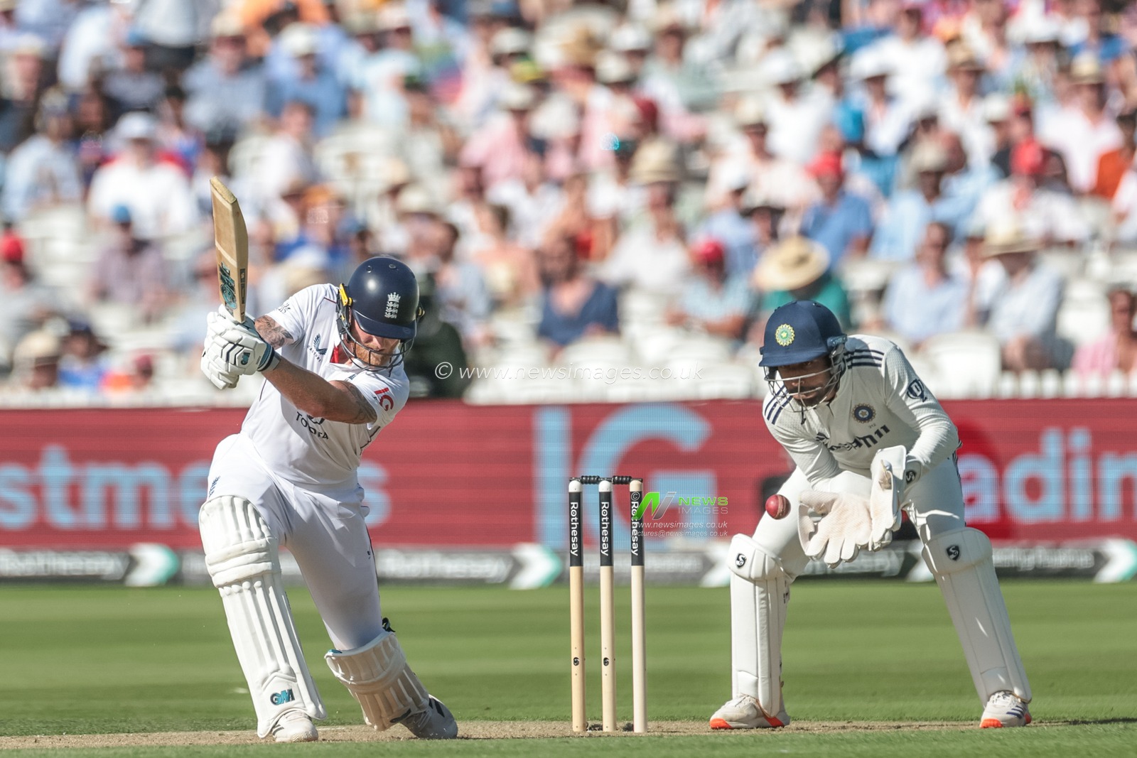 Rishabh Pant of India collects the ball from Washington Sundar as England captain Ben Stokes takes a swing and a miss during the 3rd Rothesay Test Match Day 1 England v India at Lords, London, United Kingdom, 10th July 2025

(Photo by Mark Cosgrove/News Images)