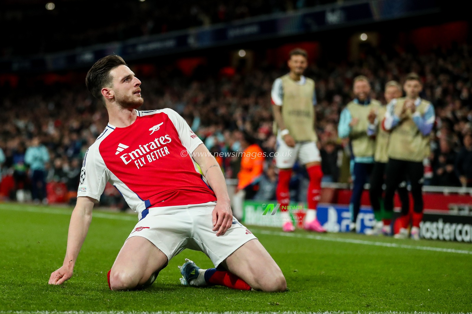 Declan Rice of Arsenal celebrates his goal to make it 1-0 during the UEFA Champions League Quarter-finals match Arsenal vs Real Madrid at Emirates Stadium, London, United Kingdom, 8th April 2025

(Photo by Izzy Poles/News Images)