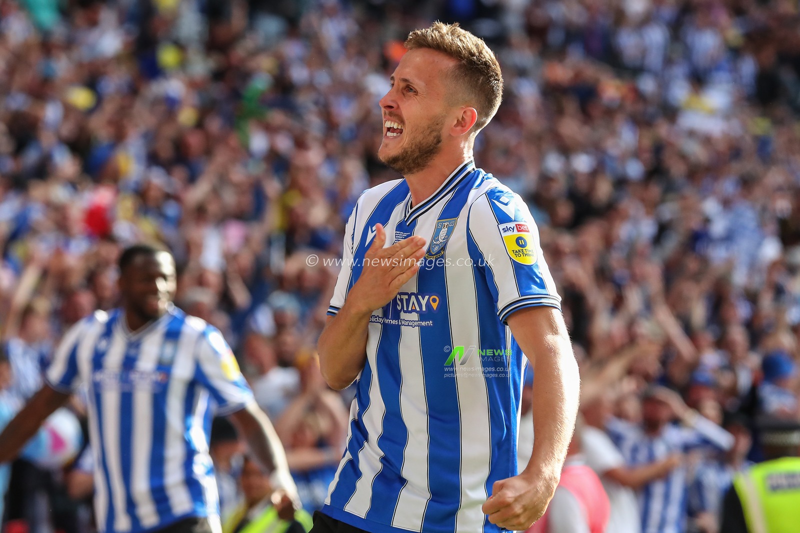 Will Vaulks #4 of Sheffield Wednesday celebrates his team's goal to make it 0-1 during the Sky Bet League 1 Play-off Final match Barnsley vs Sheffield Wednesday at Wembley Stadium, London, United Kingdom, 29th May 2023

(Photo by Gareth Evans/News Images)