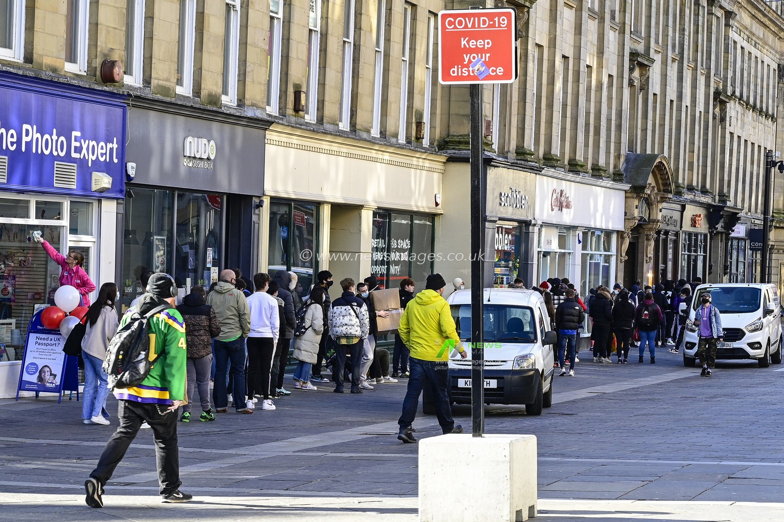 A large queue has formed outside of Size? sports footwear store in Grainger Street, Newcastle upon Tyne, as national lockdown restrictions are eased in England and retail outlets reopen