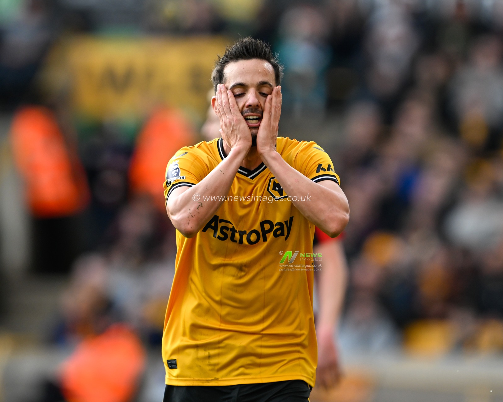 Pablo Sarabia of Wolverhampton Wanderers reacts to a miss chance on goal, during the Premier League match Wolverhampton Wanderers vs Brentford at Molineux, Wolverhampton, United Kingdom, 10th February 2024

(Photo by Cody Froggatt/News Images)