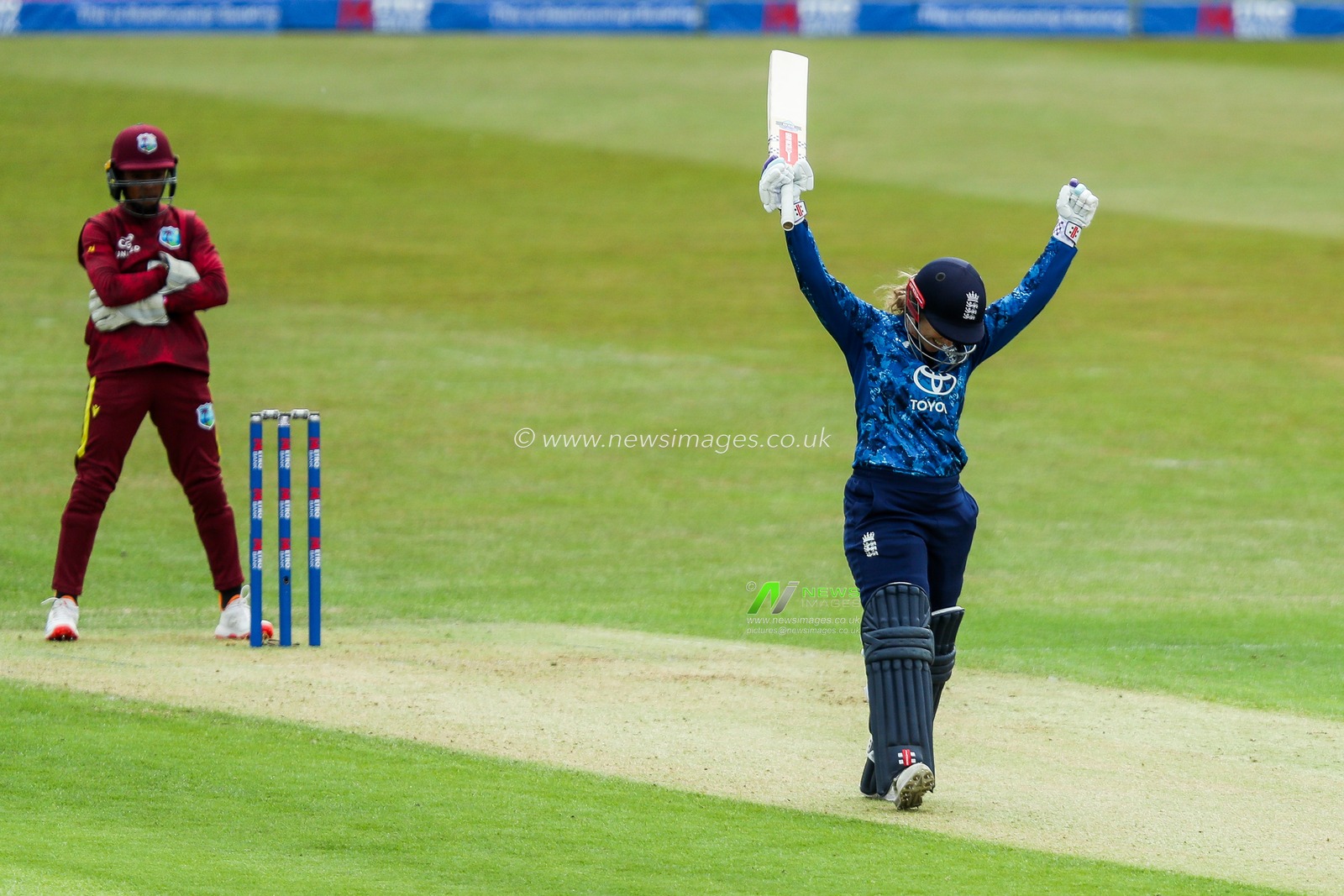 Tammy Beaumont of England Women celebrates a century during the 2nd Metro Bank ODI Day International England Women v West Indies Women at Uptonsteel County Ground, Leicester, United Kingdom, 4th June 2025

(Photo by Izzy Poles/News Images)