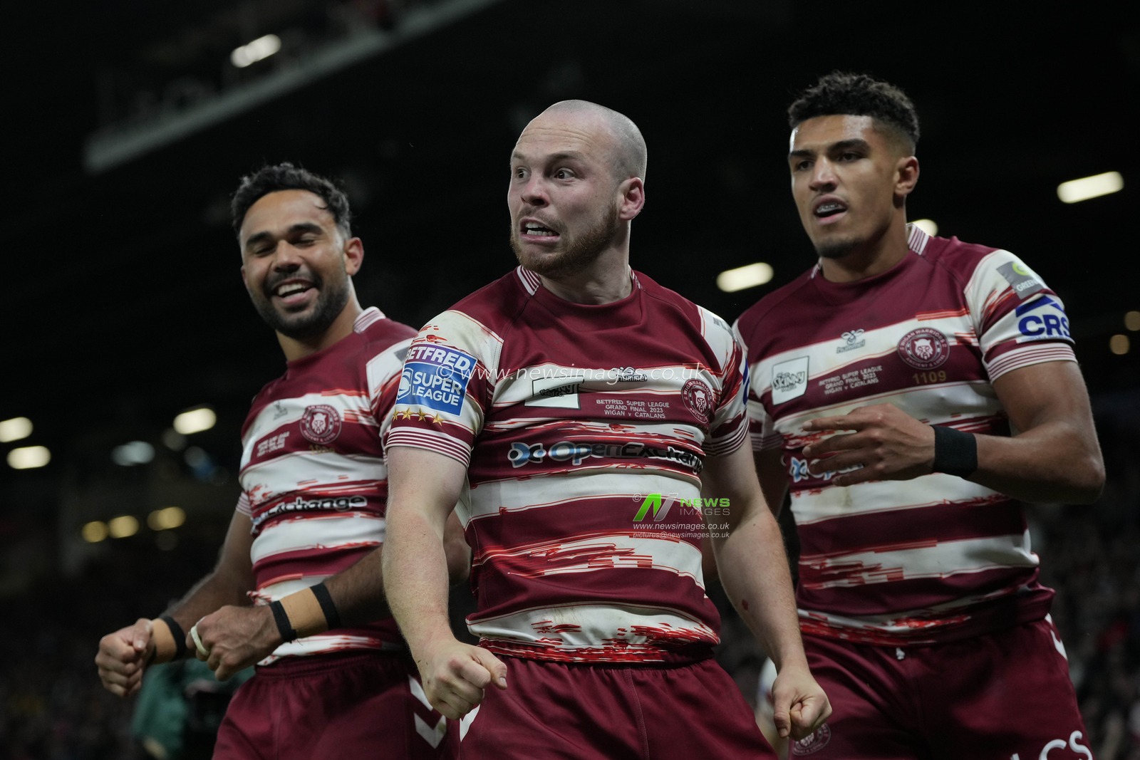 Liam Marshall #5 of Wigan Warriors celebrates with Bevan French #2 of Wigan Warriors after he scores a try during the Betfred Super League Grand Final match Wigan Warriors vs Catalans Dragons at Old Trafford, Manchester, United Kingdom, 14th October 2023

(Photo by Steve Flynn/News Images)