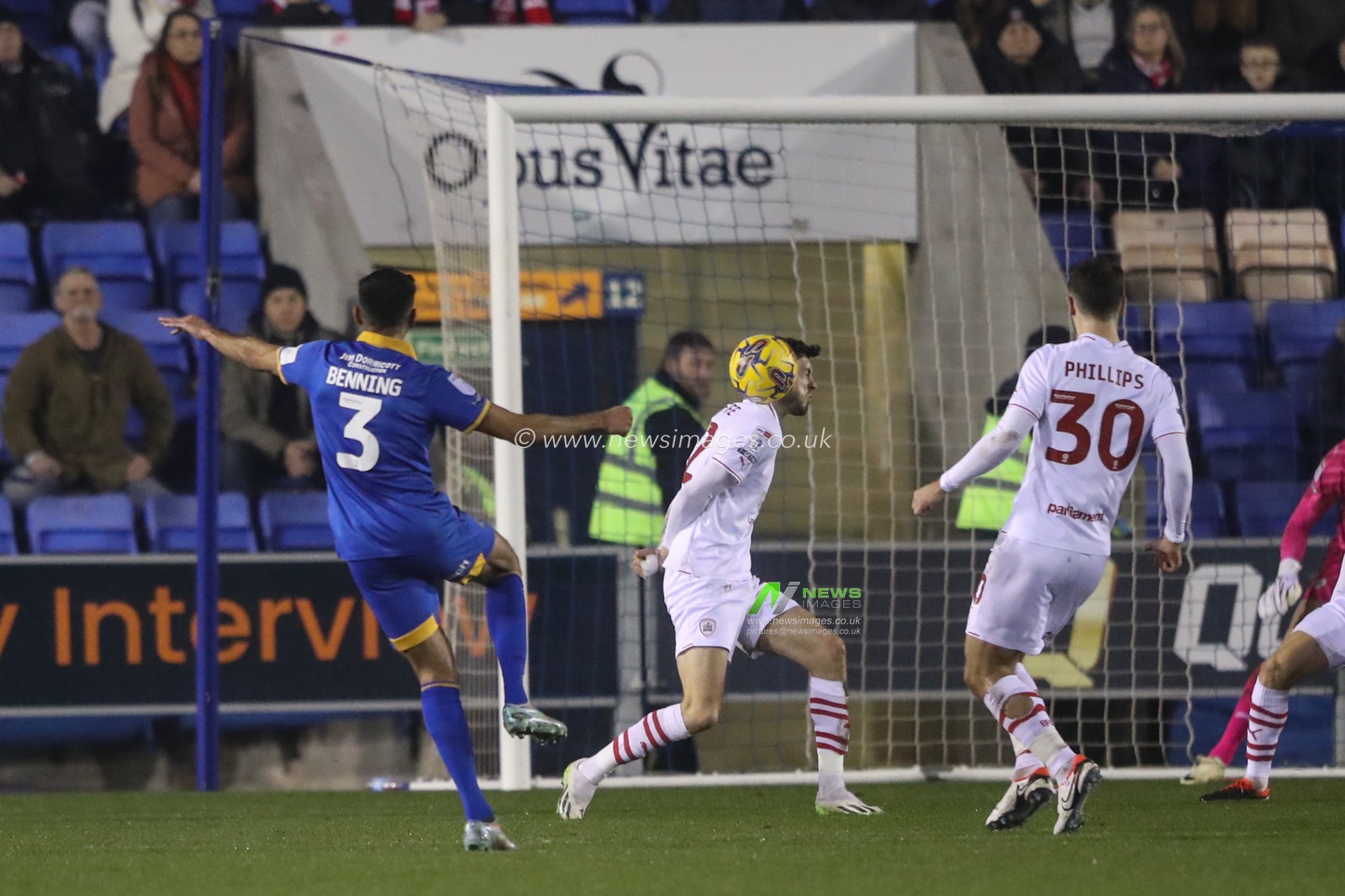 Corey O'Keeffe of Barnsley blocks a shot from Malvind Benning of Shrewsbury Town during the Sky Bet League 1 match Shrewsbury Town vs Barnsley at Croud Meadow, Shrewsbury, United Kingdom, 13th February 2024

(Photo by Alfie Cosgrove/News Images)
