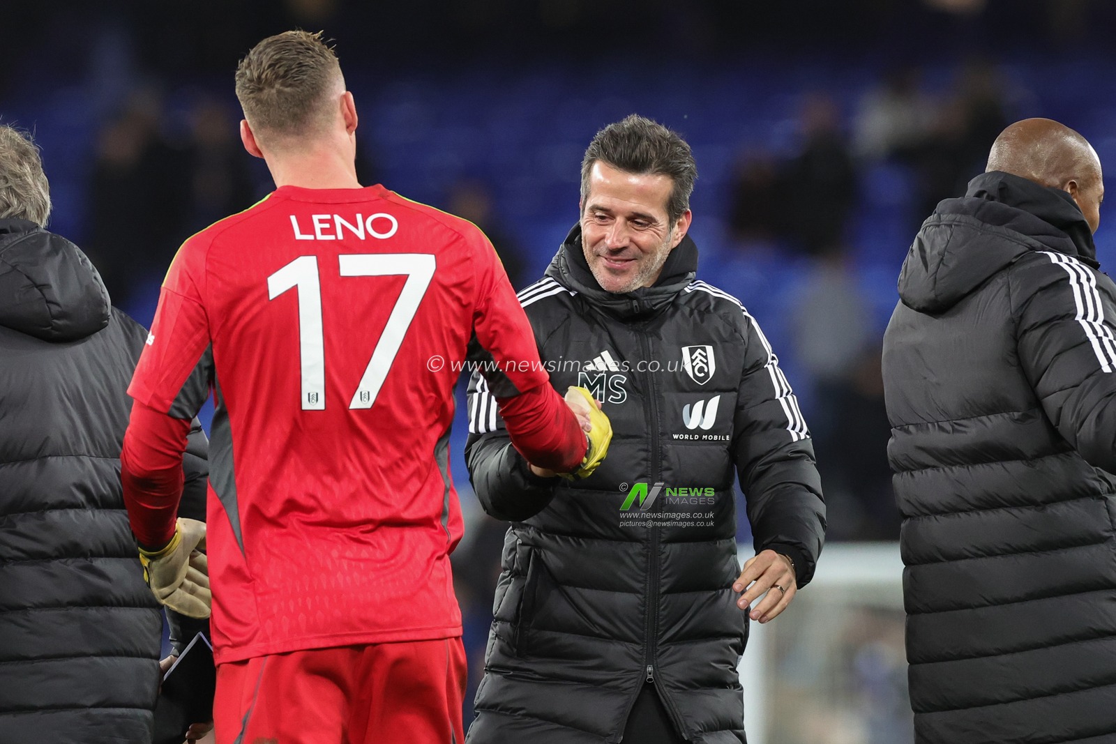 Bernd Leno of Fulham and Marco Silva manager of Fulham embrace after the Carabao Cup Quarter Final match Everton vs Fulham at Goodison Park, Liverpool, United Kingdom, 19th December 2023

(Photo by Mark Cosgrove/News Images)