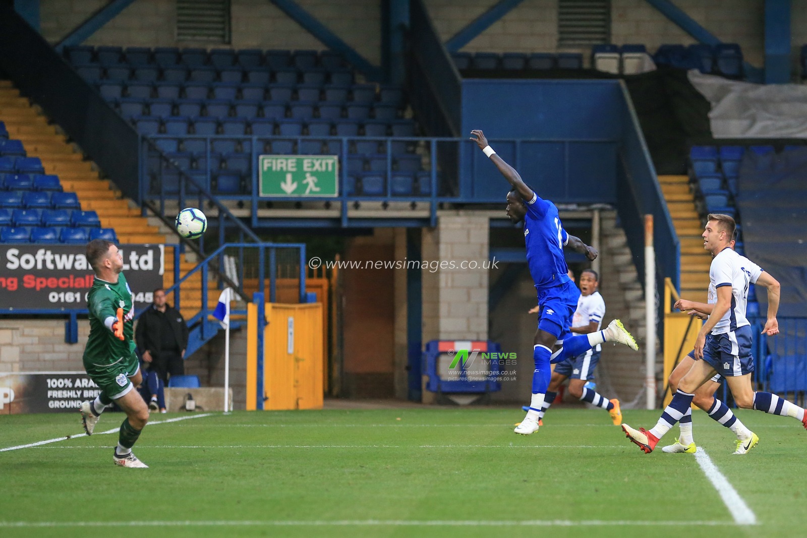 14th July 2018 , Gigg Lane, Bury, England; Pre-season friendly , Bury v Everton;  Oumar Niasse of Everton shoots on goal and hits the post