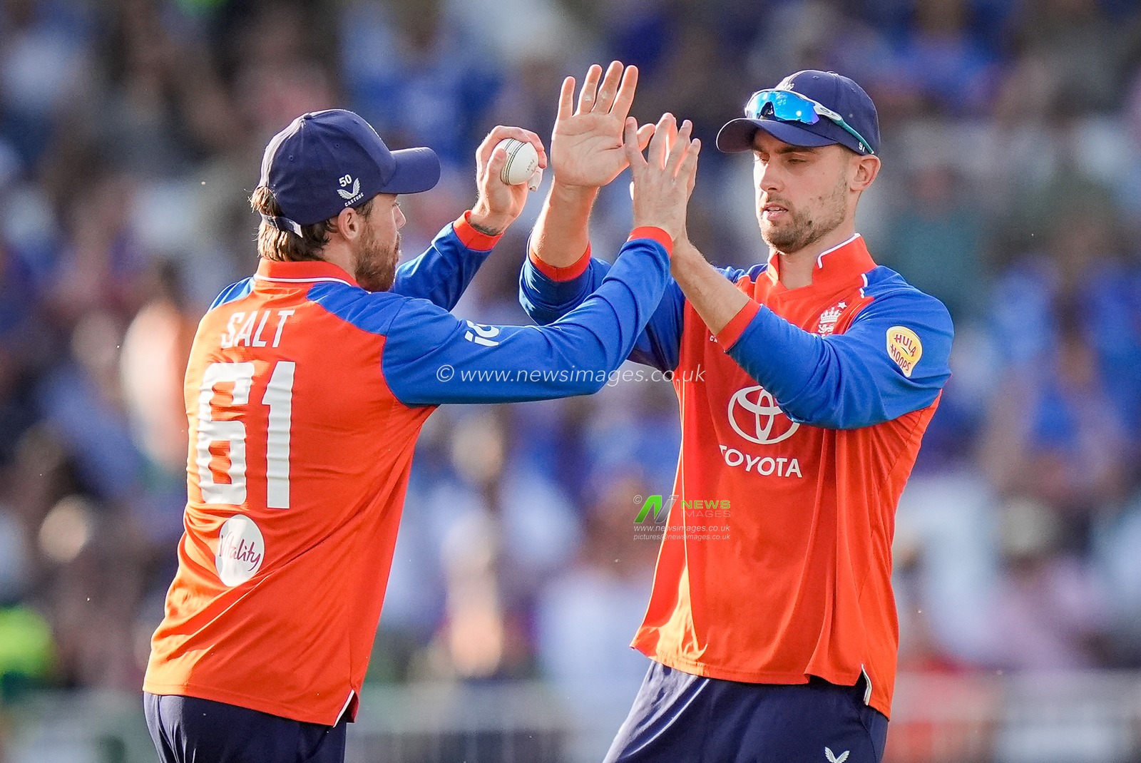 Phil Salt of England celebrates taking a catch to dismiss Abhishek Sharma of India with Will Jacks of England  during the Third Vitality T20 International match England vs India at Trent Bridge, Nottingham, United Kingdom on 07 July 2026

(Photo by Maynard Manyowa/News Images)