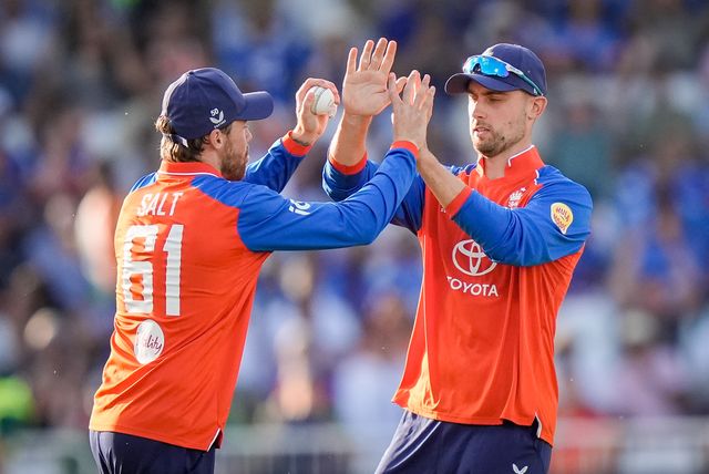 Phil Salt of England celebrates taking a catch to dismiss Abhishek Sharma of India with Will Jacks of England  during the Third Vitality T20 International match England vs India at Trent Bridge, Nottingham, United Kingdom on 07 July 2026

(Photo by Maynard Manyowa/News Images)
