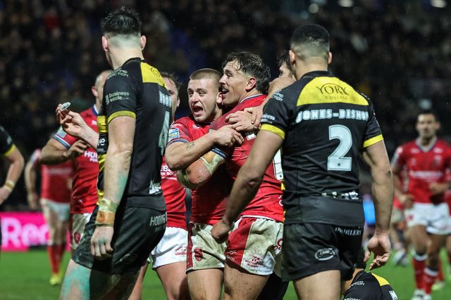 Jai Whitbread of Hull KR celebrates his try during the Betfred Super League Round 1 match York Knights vs Hull KR at LNER Community Stadium, Lincoln, United Kingdom on 12 February 2026

(Photo by Mark Cosgrove/News Images)
