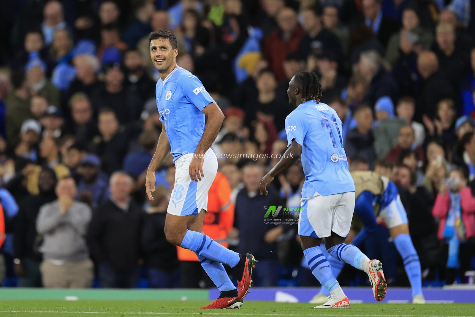 Rodrigo #16 of Manchester City celebrates scoring to make 3-1 during the UEFA Champions League match Manchester City vs Red Star Belgrade at Etihad Stadium, Manchester, United Kingdom, 19th September 2023

(Photo by Conor Molloy/News Images)