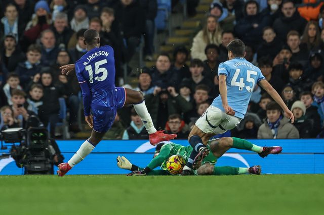 Ederson of Manchester City saves a shot from Nicolas Jackson of Chelsea during the Premier League match Manchester City vs Chelsea at Etihad Stadium, Manchester, United Kingdom, 25th January 2025

(Photo by Mark Cosgrove/News Images)