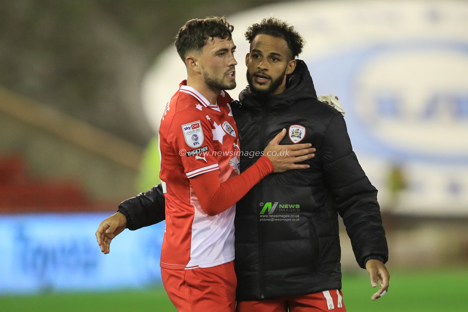 Corey O'Keeffe #22 of Barnsley embraces Barry Cotter #17 of Barnsley after Barnsley lose 2-3 during the Sky Bet League 1 match Barnsley vs Portsmouth at Oakwell, Barnsley, United Kingdom, 19th September 2023

(Photo by Alfie Cosgrove/News Images)