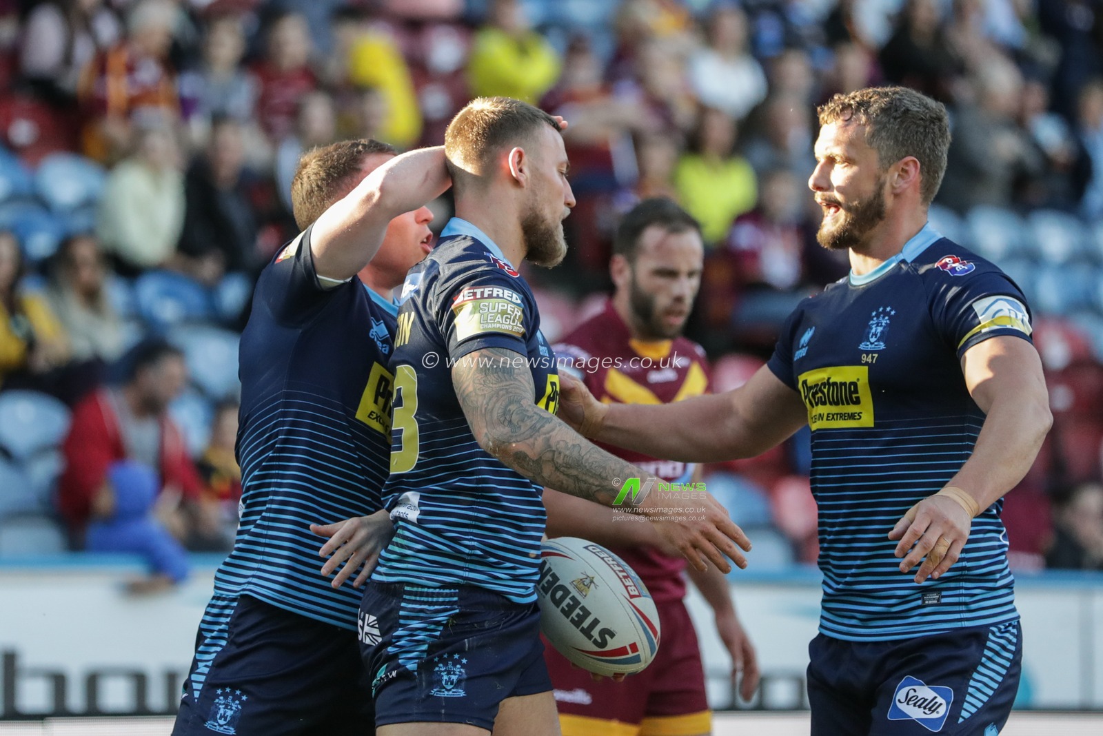 21st June 2019 , John Smiths Stadium, Huddersfield, England; Betfred Super League, Round 19, Huddersfield Giants vs Wigan Warriors ; Chris Hankinson (23) of Wigan Warriors celebrates his try 


Credit Mark Cosgrove/News Images
