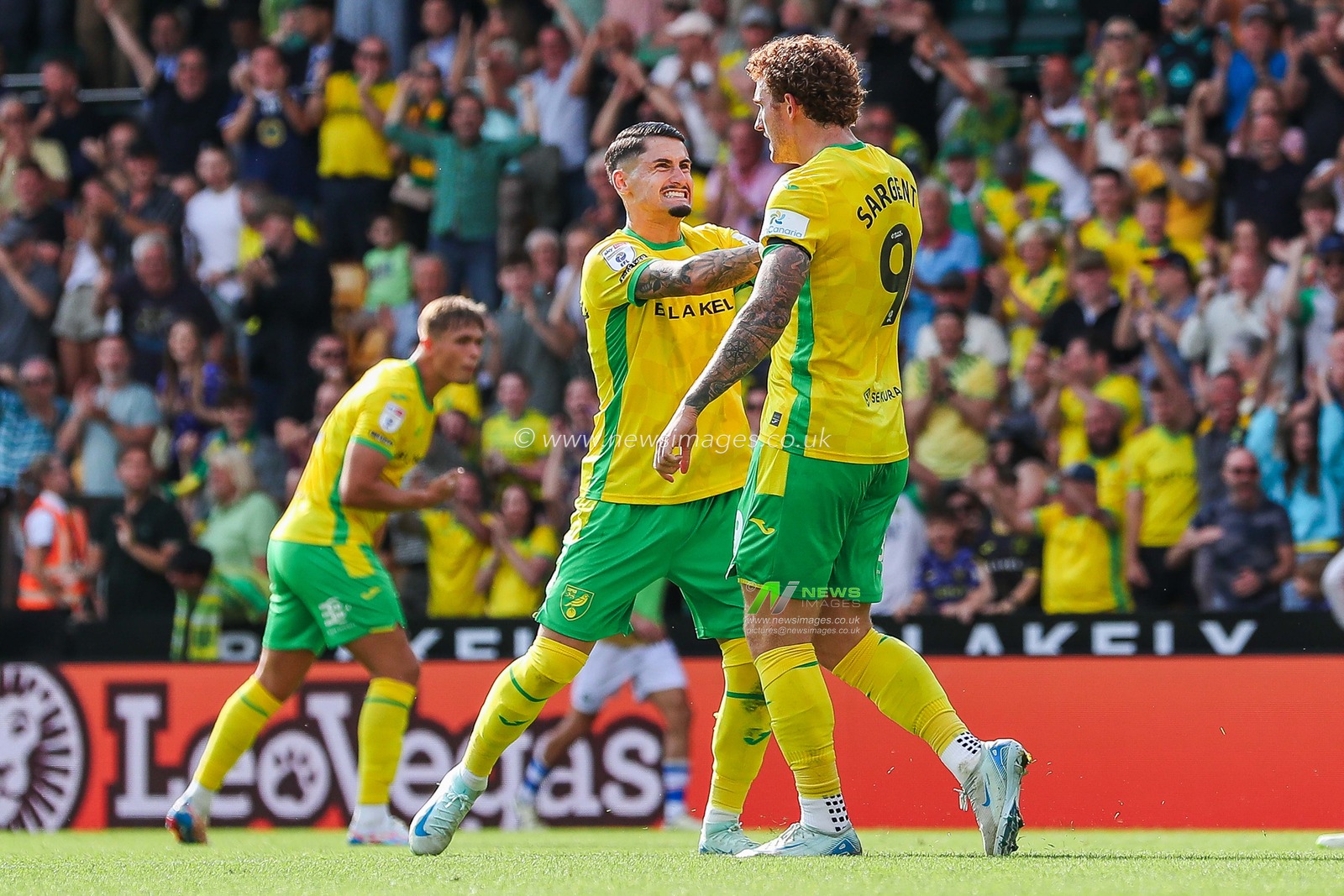 Josh Sargent of Norwich City celebrates with Borja Sainz after scoring the team's first goal during the Sky Bet Championship match Norwich City vs Blackburn Rovers at Carrow Road, Norwich, United Kingdom, 17th August 2024

(Photo by Izzy Poles/News Images)