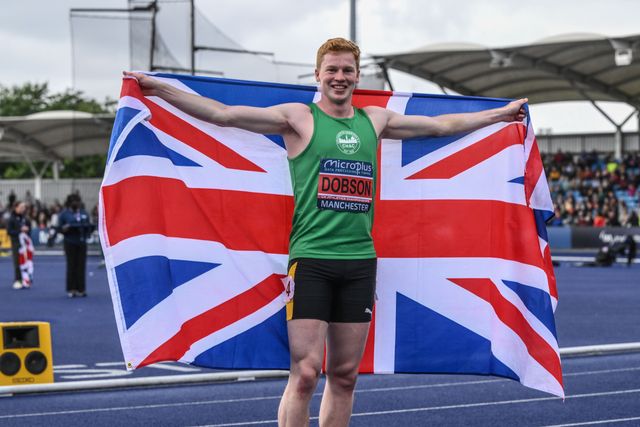Charlie Dobson celebrates as he wins the mens 400m final and gets a place in the Olympics during the Microplus UK Athletics Championships Day 2 at Manchester Regional Arena, Manchester, United Kingdom, 30th June 2024

(Photo by Craig Thomas/News Images)