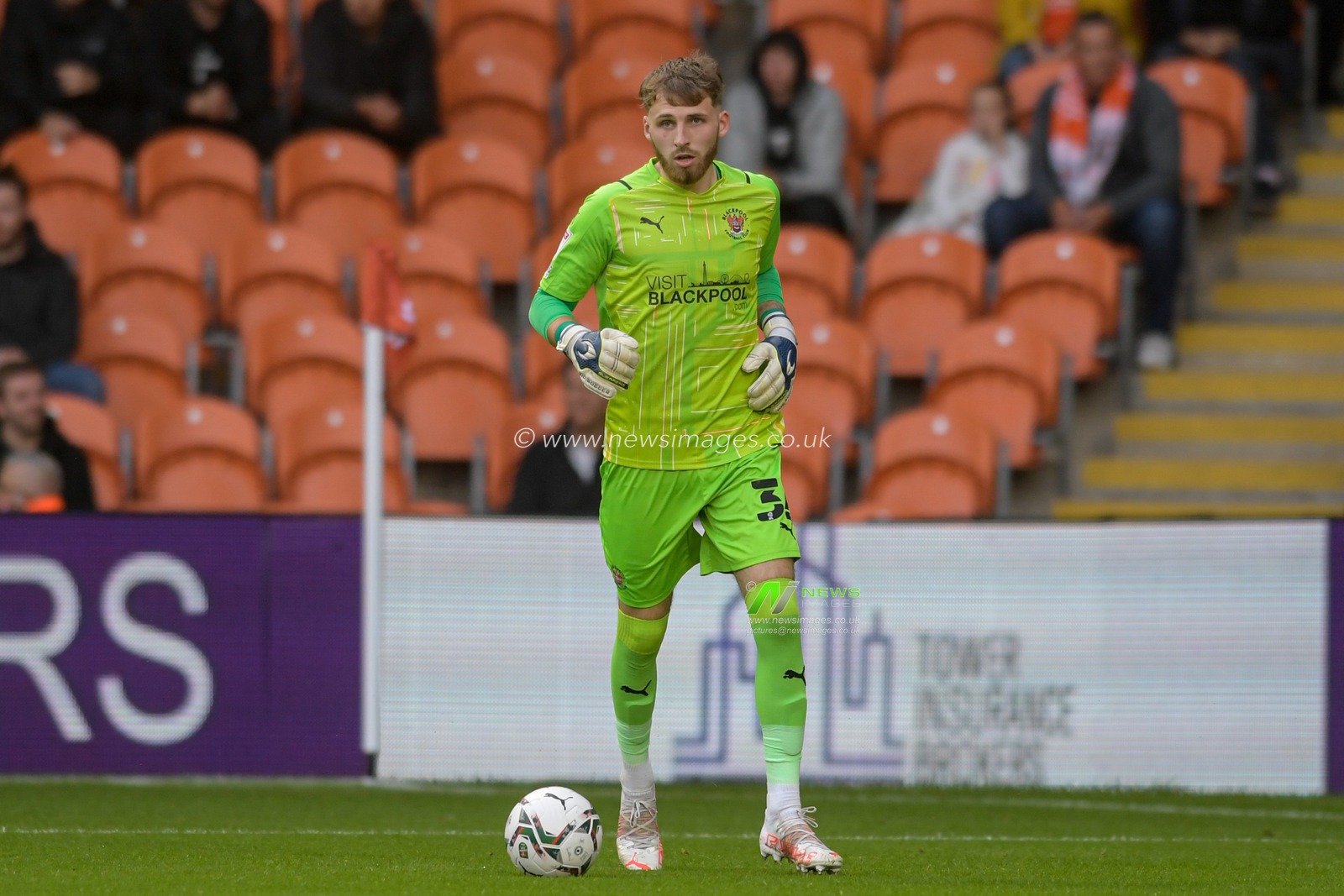 Daniel Grimshaw #32 of Blackpool with the ball