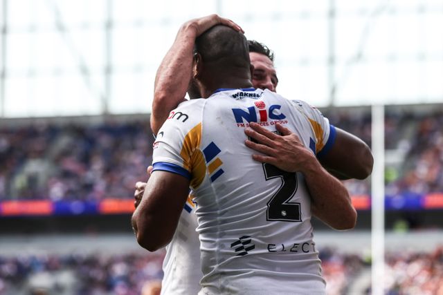 Maika Sivo of Leeds Rhinos celebrates his try during the Betfred Super League Magic Weekend match Leeds Rhinos vs Bradford Bulls at Hill Dickinson Stadium, Liverpool, United Kingdom on 05 July 2026

(Photo by Alfie Cosgrove/News Images)