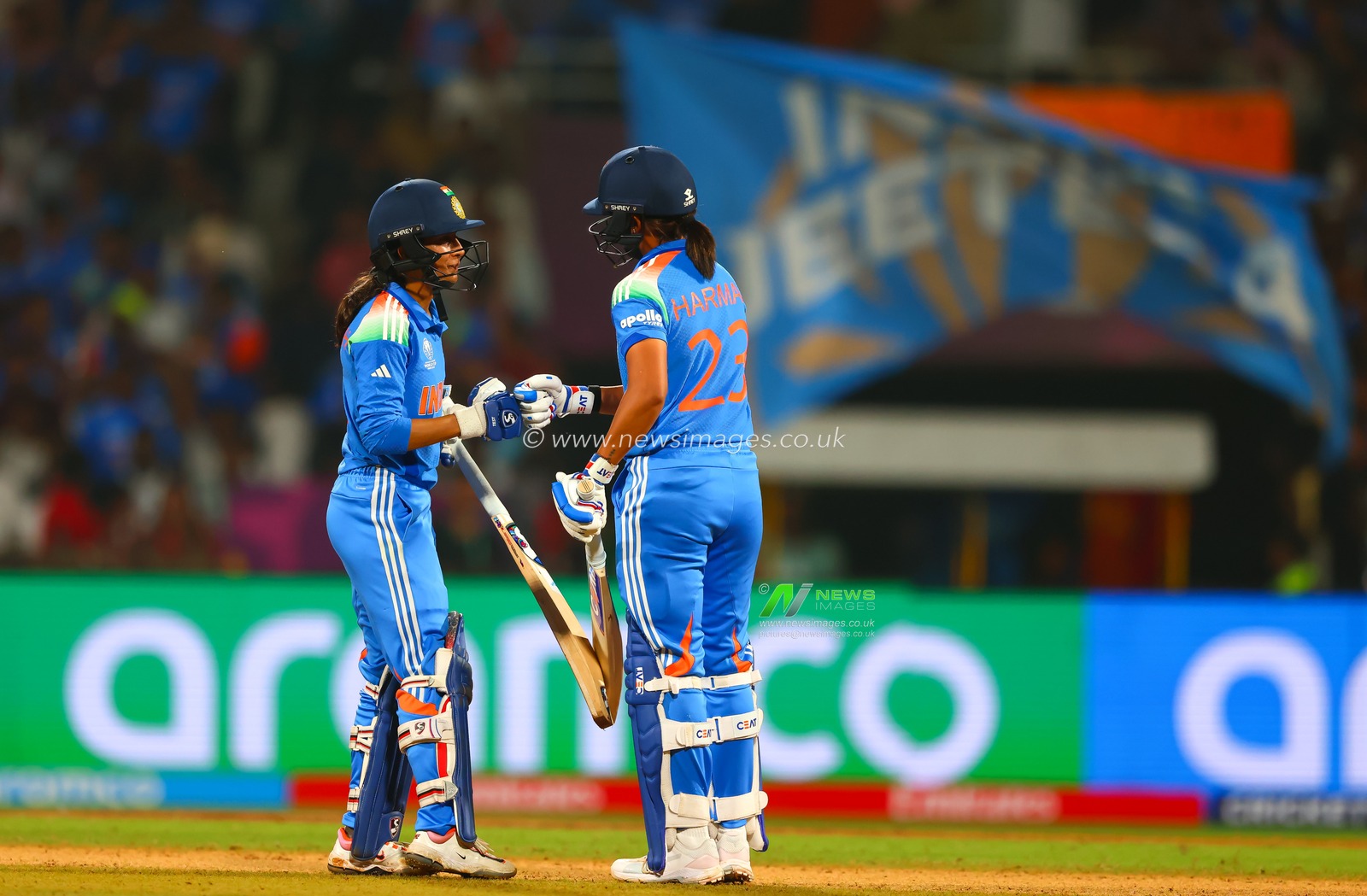 Jemimah Rodrigues of India and Harmanpreet Kaur (Captain) of India during the ICC Women's ODI Cricket World Cup Semi Final match India vs Australia at Dr. D.Y. Patil Sports Academy, Navi Mumbai, India, 30th October 2025

(Photo by Shubhajit Roy Karmakar/News Images)