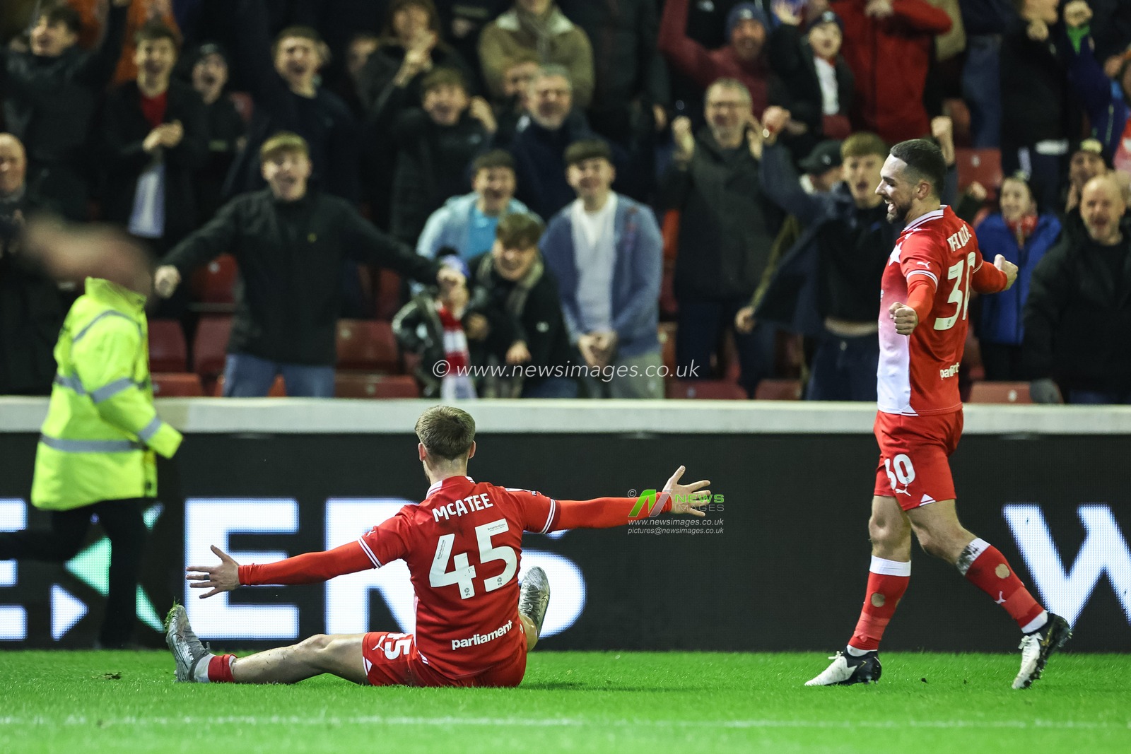 John Mcatee of Barnsley celebrates his goal to make it 1-0 during the Sky Bet League 1 match Barnsley vs Bolton Wanderers at Oakwell, Barnsley, United Kingdom, 5th March 2024

(Photo by Mark Cosgrove/News Images)