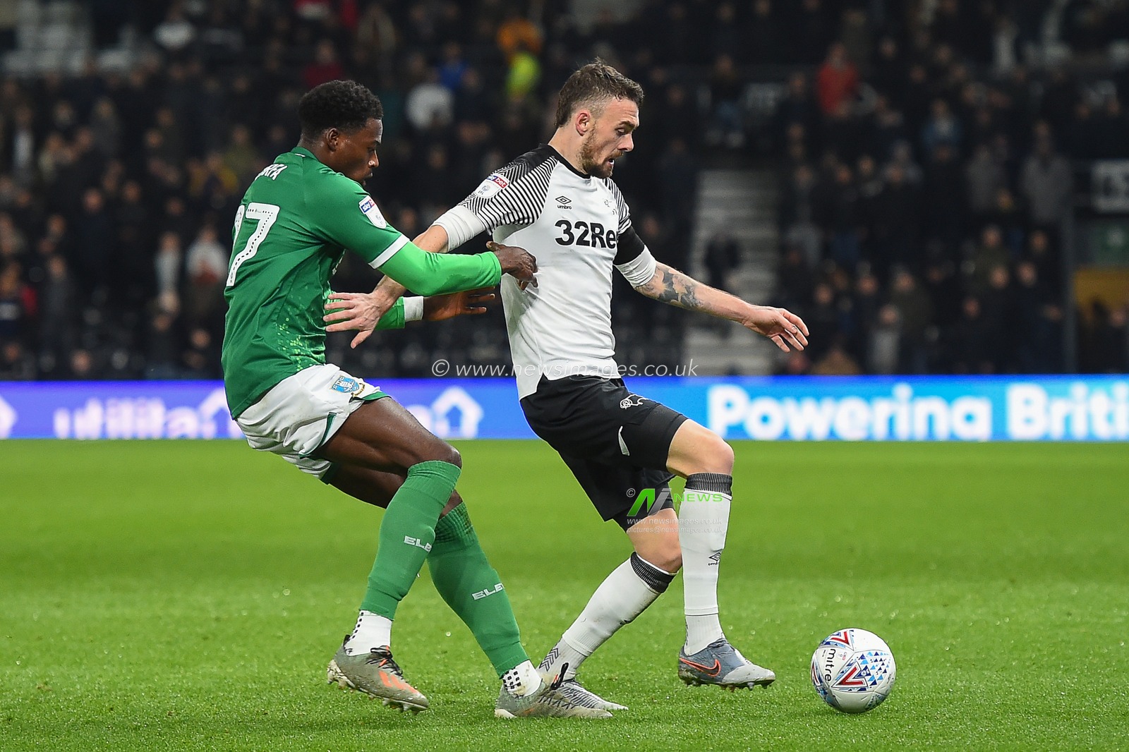 11th December 2019, Pride Park Stadium, Derby, England; Sky Bet Championship, Derby County v Sheffield Wednesday : Scott Malone (46) of Derby County shields the ball from Dominic Iorfa (27) of Sheffield Wednesday 

Credit: Jon Hobley/News Images