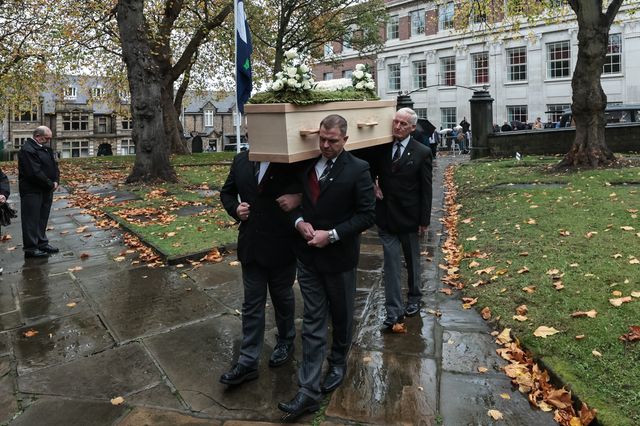 Harold Dennis “Dickie” Bird OBE coffin makes its way to the alter inside during the Funeral of Harold Dennis “Dickie” Bird OBE at St Mary's Church, Barnsley, United Kingdom, 19th October 2025

(Photo by Mark Cosgrove/News Images)