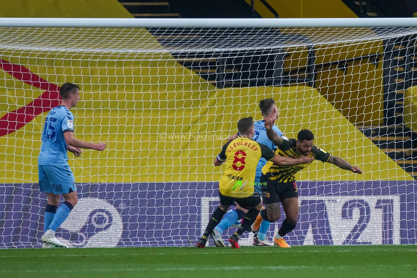 Andre Gray #18 of Watford scores the opening goal of the game to make it  1:0